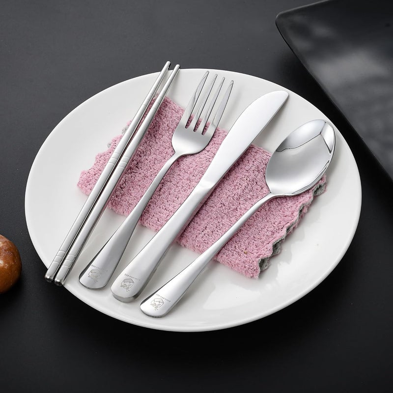 Boulder Bee Travel Utensils Set | Reusable Camping Cutlery Set | Stainless Steel Flatware Set | Portable Silverware Set with Case | Includes Knife/Fork/Spoon/Chopsticks/Cleaning Cloth/Case (Sliver) - Image 5